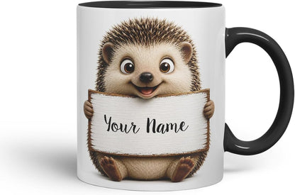 Vixar Personalised Hedgehog Mug with Name or Custom Message – Cute Animal Coloured Ceramic Mug Cup Gift, 11oz (Black)