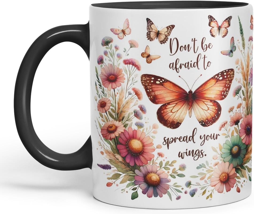 Vixar Don’t Be Afraid to Spread Your Wings Butterfly Coloured Mug Cup Floral Nature Inspirational Gift 11oz (Black)