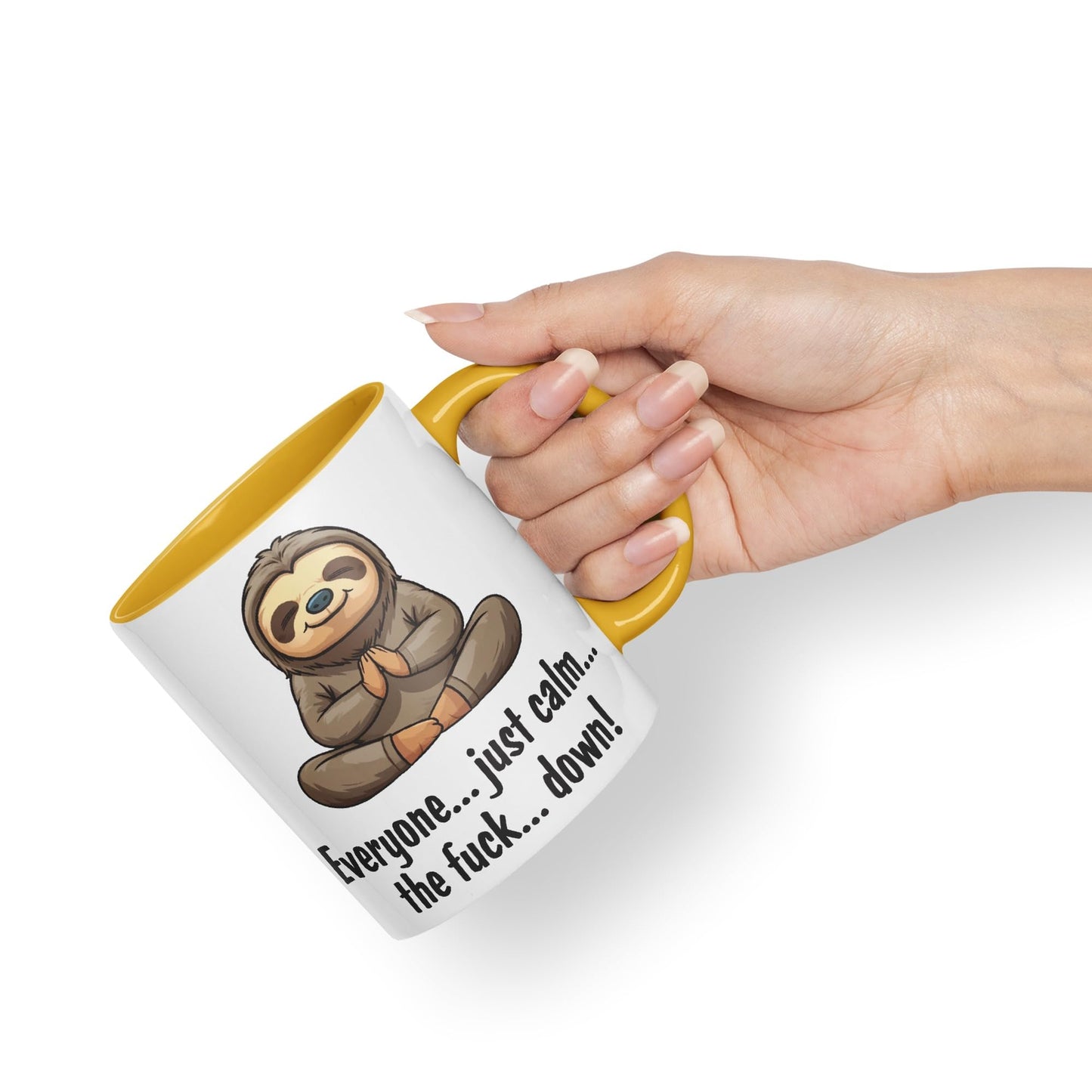 Everyone… just Calm… The f.. Down! Sloth Sarcastic Joke Ceramic Coloured Mug Cup for Tea Coffee Hot Brew 330ml 11 OZ