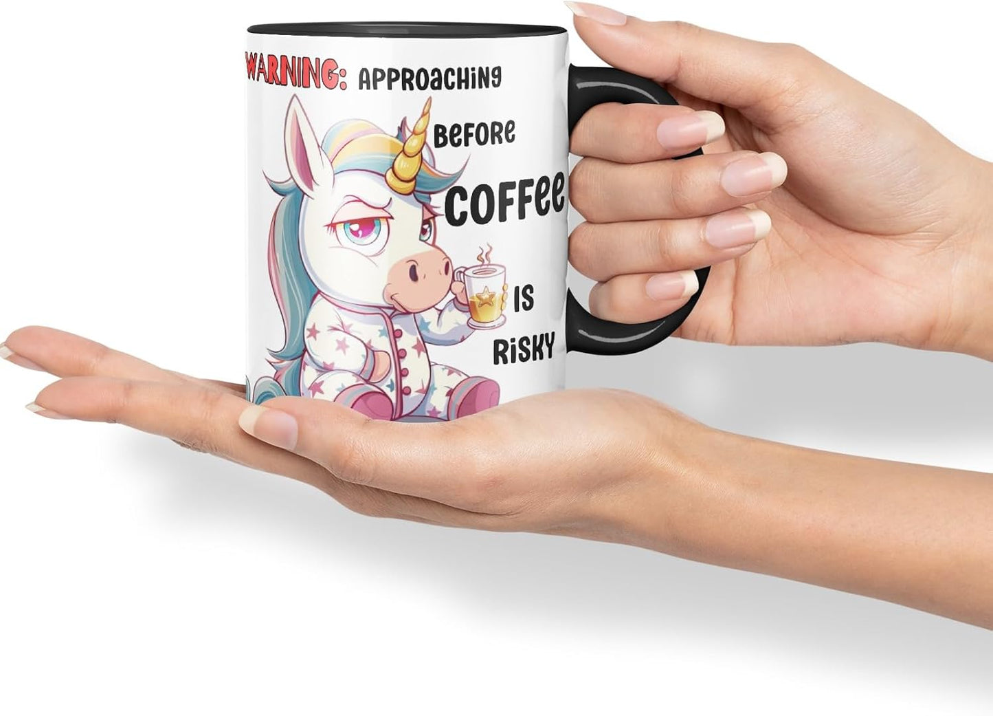 Vixar Warning Unicorn Coffee Mug – Approaching Before Coffee is Risky – Coloured Ceramic Mug Cup Gift, 11oz (Black)