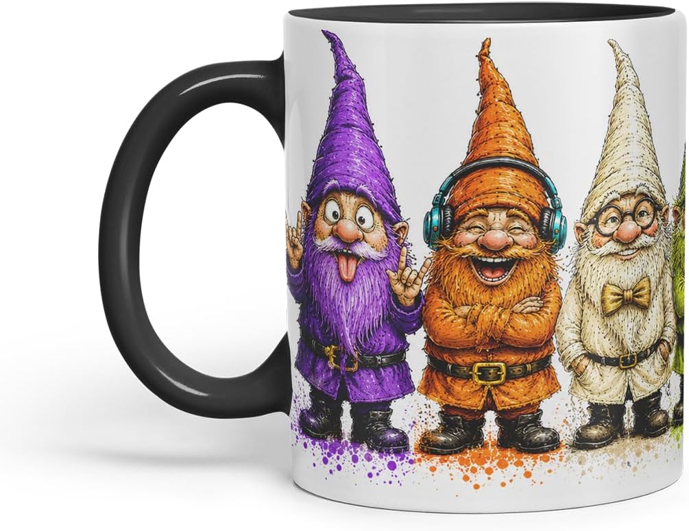 Funny Gnome Mug – Cute Gnome Coloured Ceramic Mug Cup Gift, 11oz (Black)