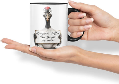 Vixar Personalised Crane Bird Mug with Name or Custom Message – Cute Animal Coloured Ceramic Mug Cup Gift, 11oz (Black)