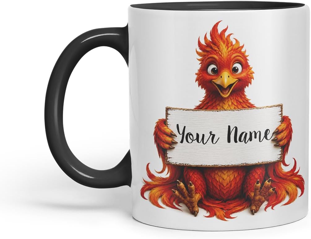 Vixar Personalised Phoenix Mug with Name or Custom Message – Cute Animal Coloured Ceramic Mug Cup Gift, 11oz (Black)