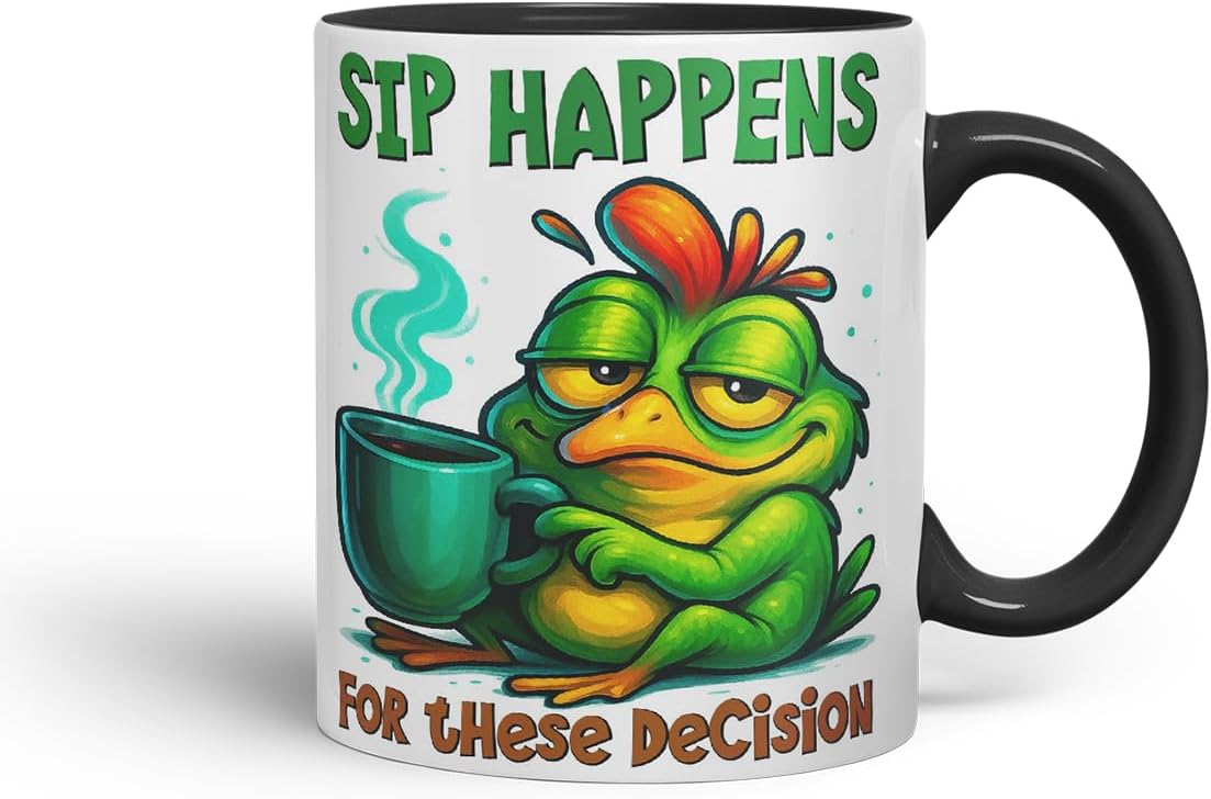 Vixar Sip Happens for These Decisions Funny Frog Coffee Mug – Coloured Ceramic Mug Cup Gift, 11oz (Black)
