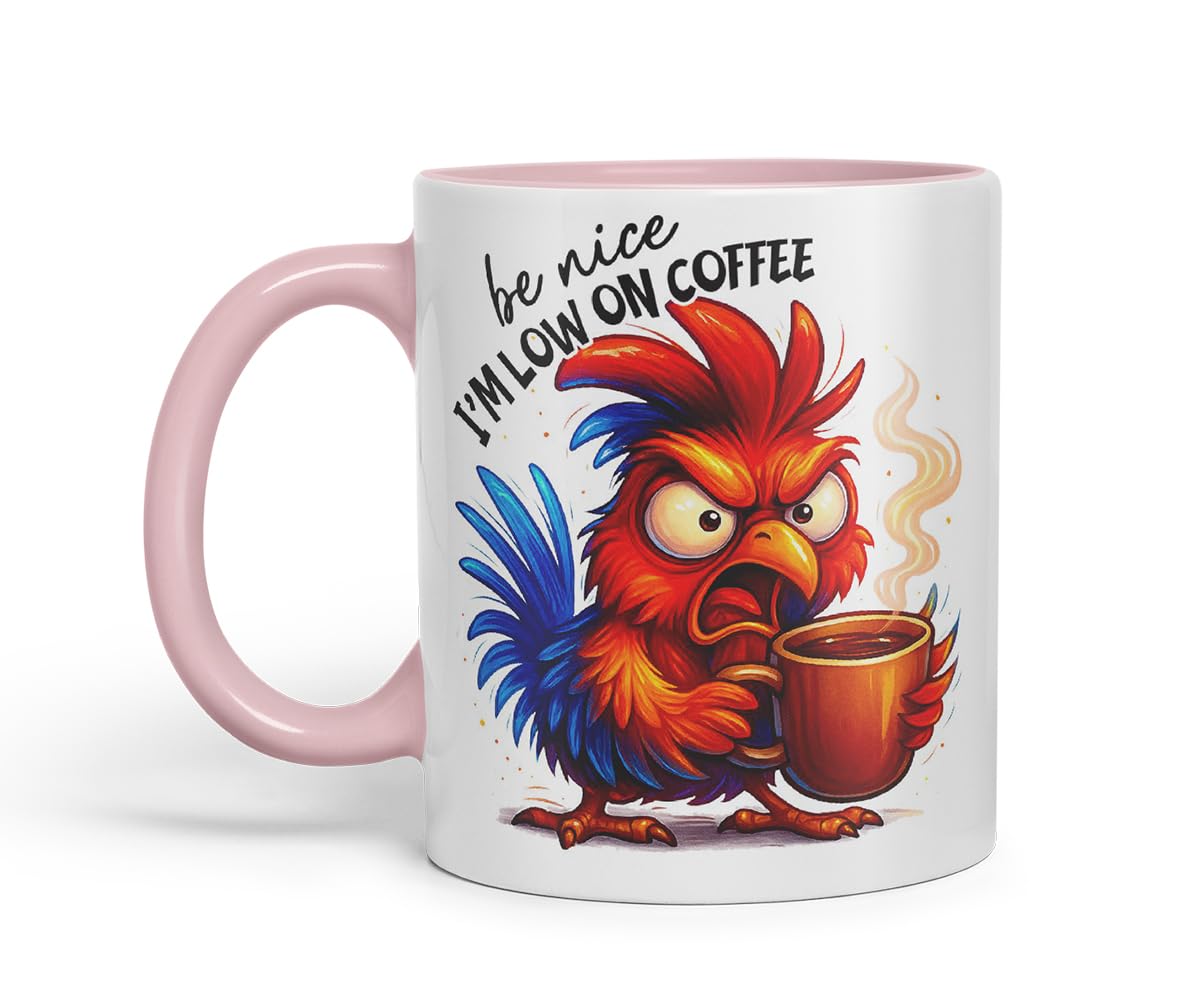 Vixar Be Nice I'm Low On Coffee Funny Chicken Mug – Coloured Ceramic Mug Cup Gift, 11oz (Black)