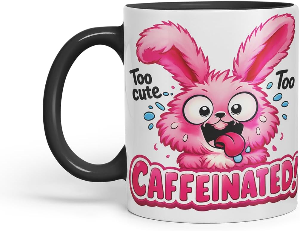 Vixar Too Cute Too Caffeinated Funny Bunny Mug – Coloured Ceramic Mug Cup Gift, 11oz (Black)