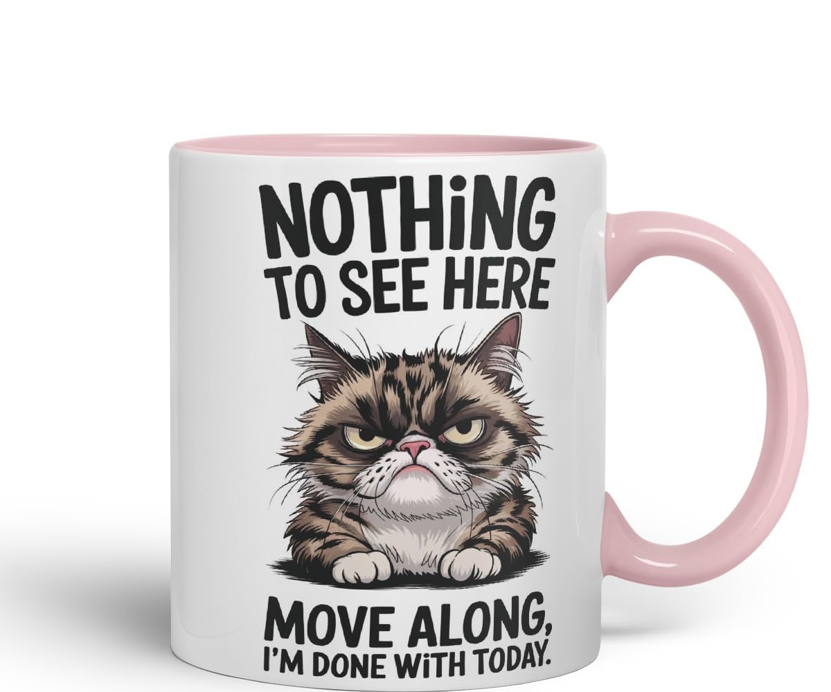 Vixar Nothing to See Here Move Along Cat Mug – Coloured Ceramic Mug Cup Gift, 11oz (Black)