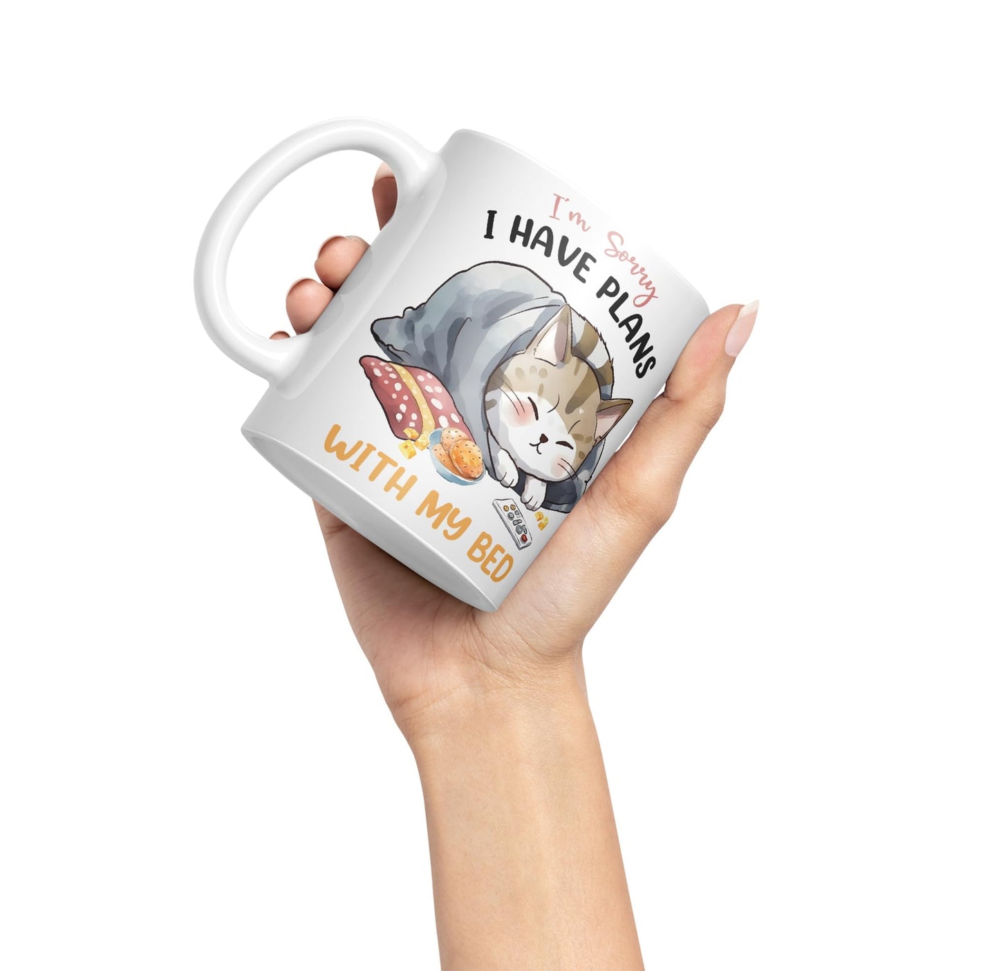 I'm Sorry, I Have Plans with My Bed, cat Sarcastic Joke Ceramic Coloured Mug Cup for Tea Coffee Hot Brew 330ml 11Oz