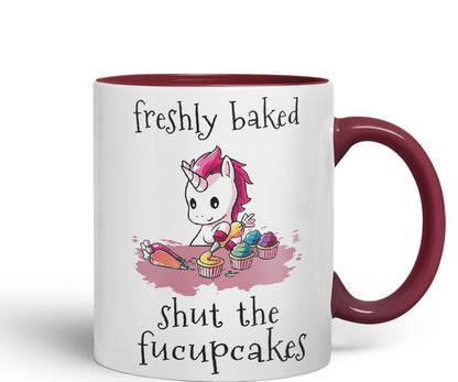 Freshly Baked, Shut The fucupcakes, Unicorn Sarcastic Joke Ceramic Coloured Mug Cup for Tea Coffee Hot Brew 330ml 11Oz