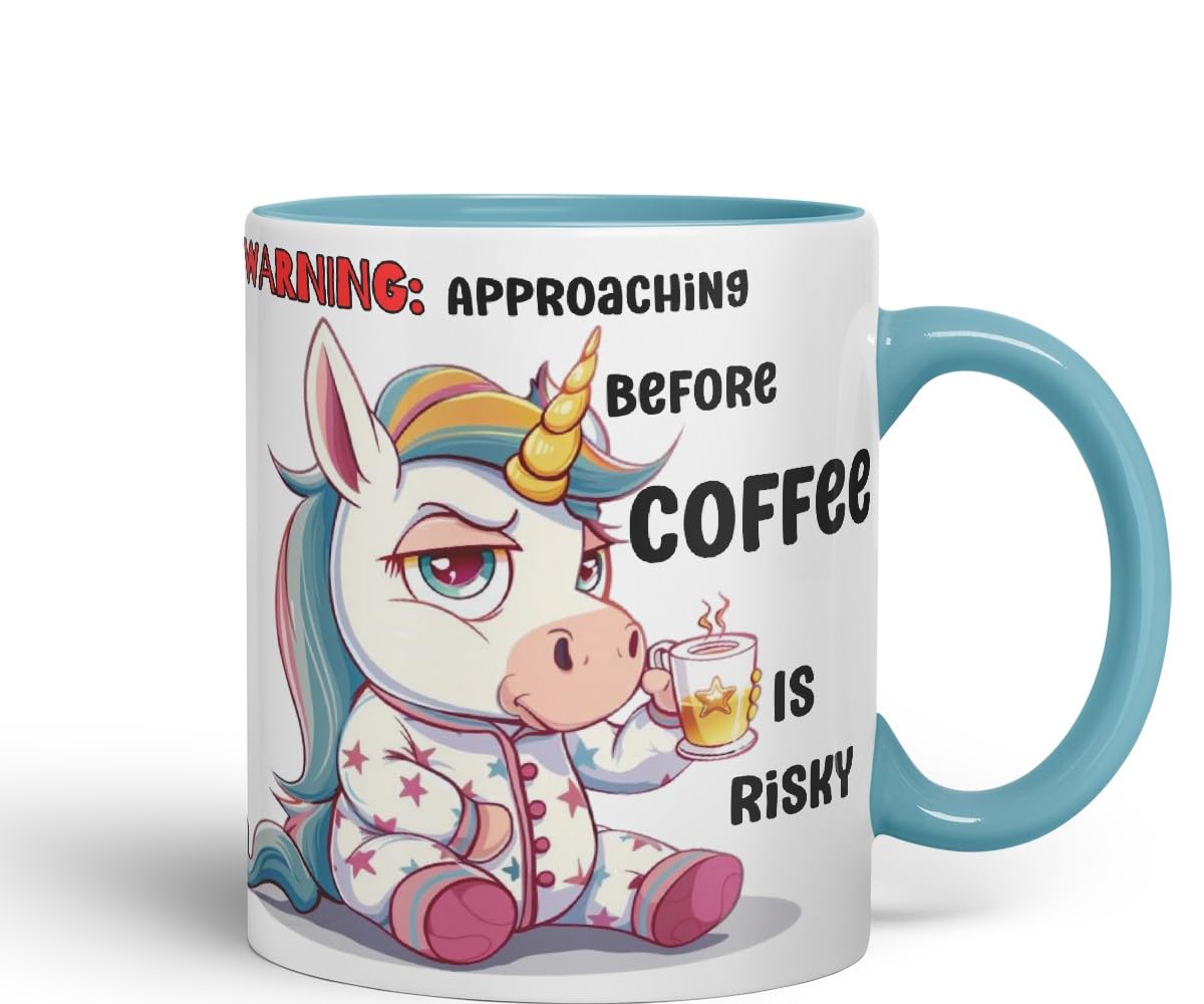 Vixar Warning Unicorn Coffee Mug – Approaching Before Coffee is Risky – Coloured Ceramic Mug Cup Gift, 11oz (Black)