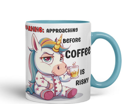 Vixar Warning Unicorn Coffee Mug – Approaching Before Coffee is Risky – Coloured Ceramic Mug Cup Gift, 11oz (Black)