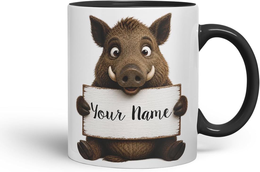 Vixar Personalised Wild Boar Mug with Name or Custom Message – Cute Animal Coloured Ceramic Mug Cup Gift, 11oz (Black)