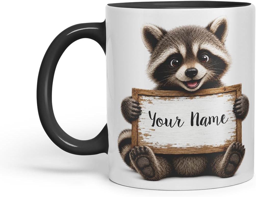 Vixar Personalised Raccoon Mug with Name or Custom Message – Cute Animal Coloured Ceramic Mug Cup Gift, 11oz (Black)