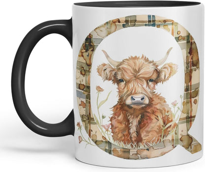 Vixar Highland Cow Alphabet Monogram Coloured Ceramic Cup Mug – Letter Q – Rustic Farmhouse Animal Letter Gift – 11oz (Black)