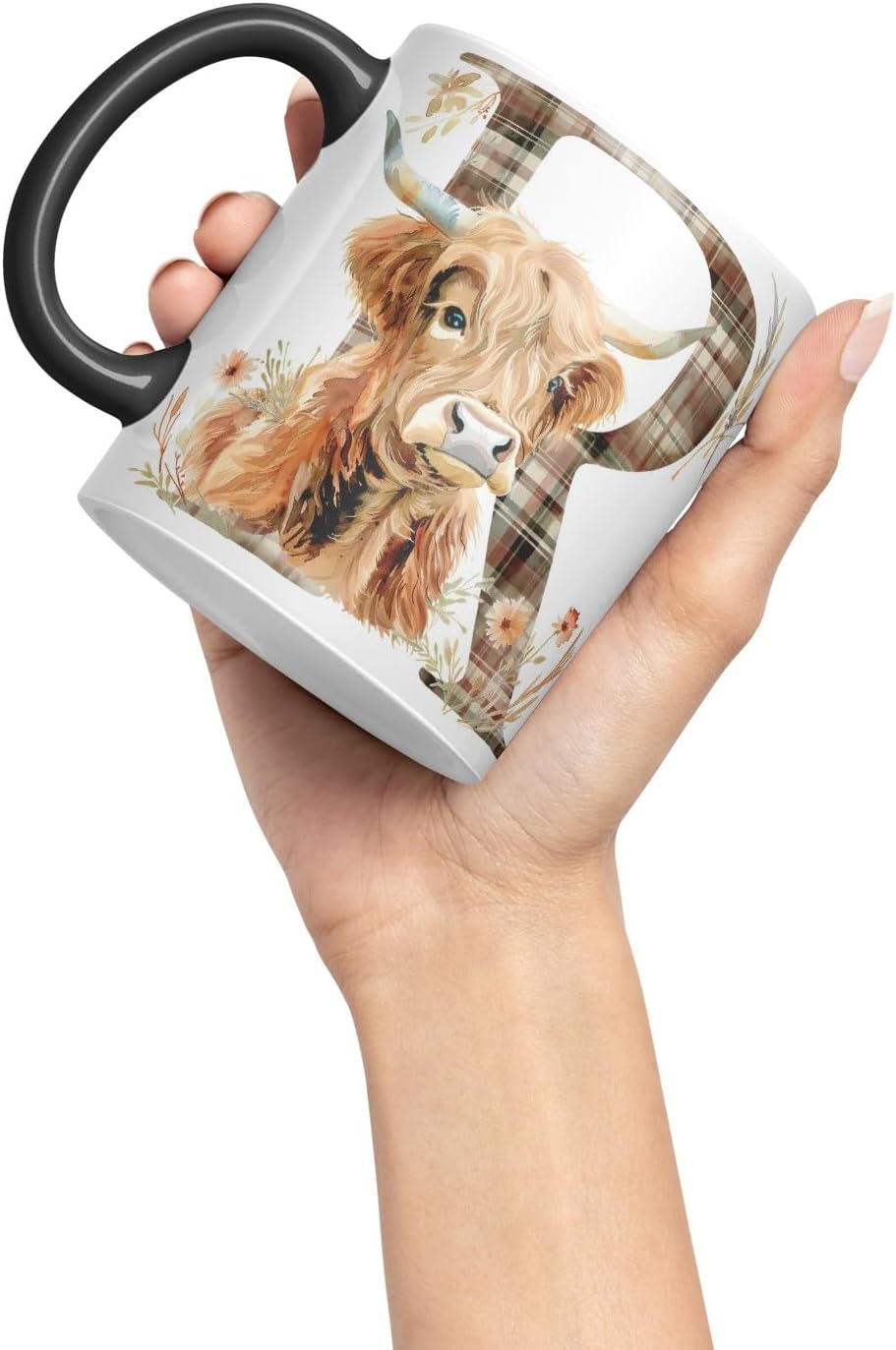 Vixar Highland Cow Alphabet Monogram Coloured Ceramic Cup Mug – Letter R – Rustic Farmhouse Animal Letter Gift – 11oz (Black)