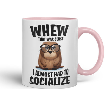 Whew That was Close A Almost had to Socialize Joke sarkasm Sarcastic Ceramic Coloured Mug Cup for Tea Coffee Hot Brew 330ml 11Oz Gift