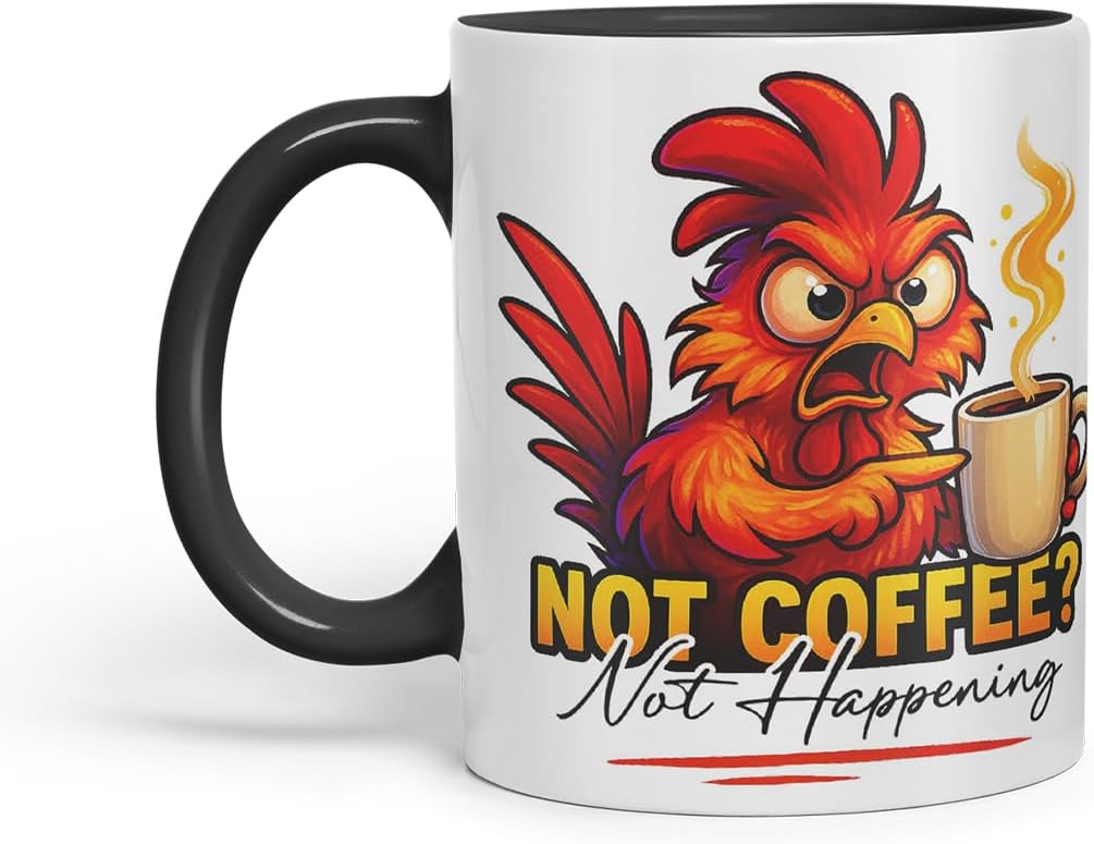 Vixar No Coffee Not Happening Funny Rooster Mug – Coloured Ceramic Mug Cup Gift, 11oz (Black)