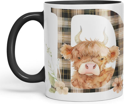 Vixar Highland Cow Alphabet Monogram Coloured Ceramic Cup Mug – Letter D – Rustic Farmhouse Animal Letter Gift – 11oz (Black)