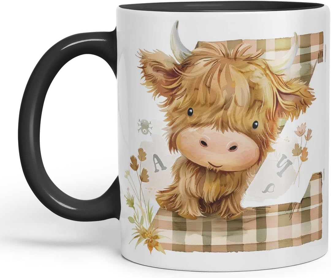 Vixar Highland Cow Alphabet Monogram Coloured Ceramic Cup Mug – Letter Z – Rustic Farmhouse Animal Letter Gift – 11oz (Black)