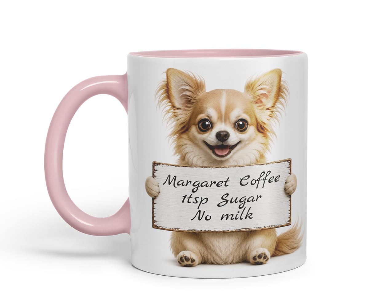 Vixar Personalised Long Hair Chihuahua Mug with Name or Custom Message – Cute Animal Coloured Ceramic Mug Cup Gift, 11oz (Black)
