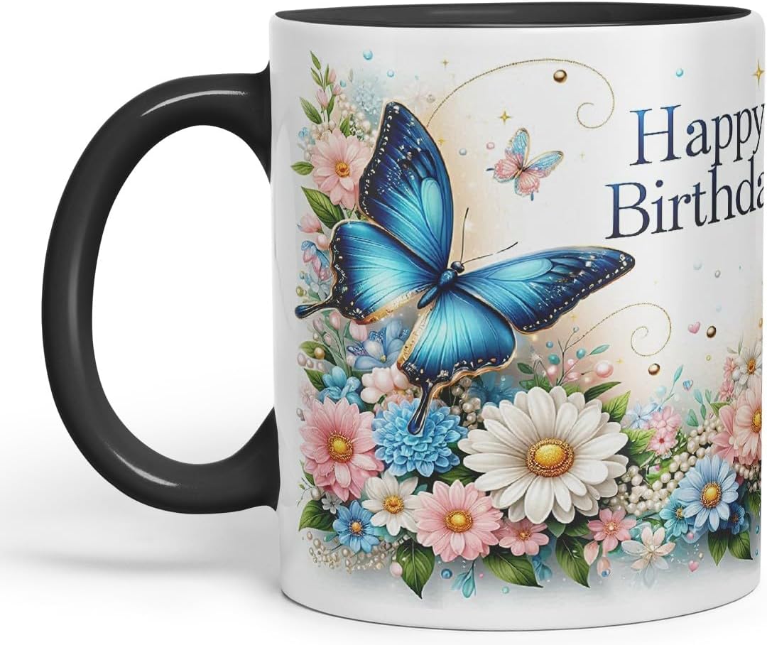 Vixar Happy Birthday Blue Butterfly Flowers Coloured Ceramic Mug Cup Gift 11oz V4 (Black)