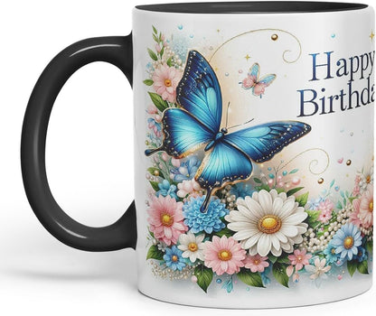 Vixar Happy Birthday Blue Butterfly Flowers Coloured Ceramic Mug Cup Gift 11oz V4 (Black)
