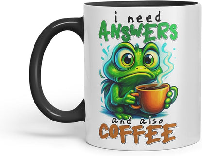 Vixar I Need Answers and Also Coffee Funny Frog Mug – Coloured Ceramic Mug Cup Gift, 11oz (Black)