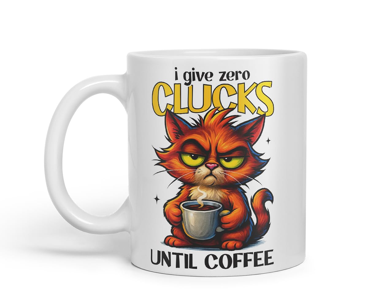Vixar I Give Zero Clucks Until Coffee Funny Cat Mug – Coloured Ceramic Mug Cup Gift, 11oz (Black)