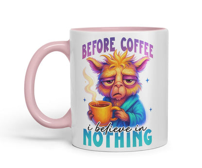 Vixar Before Coffee I Believe in Nothing Funny Llama Mug – Coloured Ceramic Mug Cup Gift, 11oz (Black)