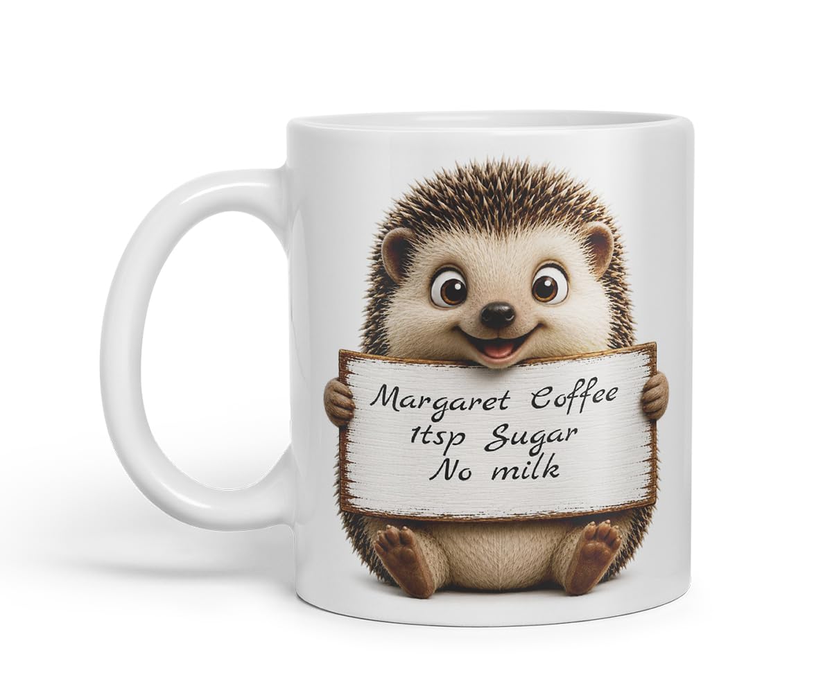 Vixar Personalised Hedgehog Mug with Name or Custom Message – Cute Animal Coloured Ceramic Mug Cup Gift, 11oz (Black)