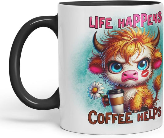Vixar Life Happens Coffee Helps Highland Cow Coloured Ceramic Mug Cup Gift for Coffee Lovers 11oz (Black)