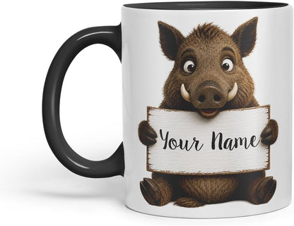 Vixar Personalised Wild Boar Mug with Name or Custom Message – Cute Animal Coloured Ceramic Mug Cup Gift, 11oz (Black)