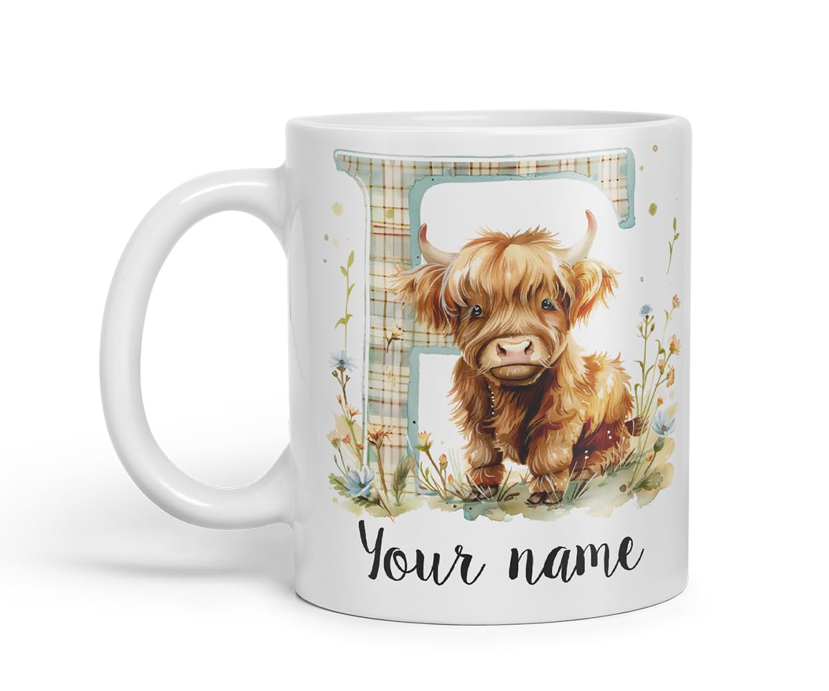 Vixar Personalised Highland Cow Initial Letter F Custom Name Mug – Coloured Ceramic Mug Cup Gift, 11oz (Black)
