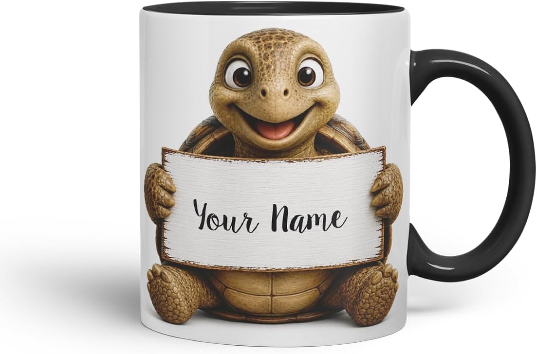 Vixar Personalised Turtle Mug with Name or Custom Message – Cute Animal Coloured Ceramic Mug Cup Gift, 11oz (Black)