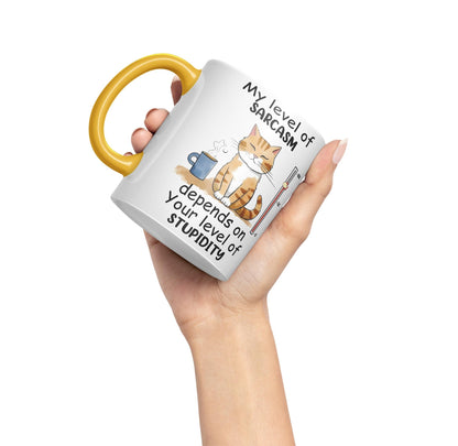 My Level of Sarcasm Depends on Your Level of Stupidity Cat Joke Ceramic Coloured Mug Cup for Tea Coffee Hot Brew 330ml 11Oz