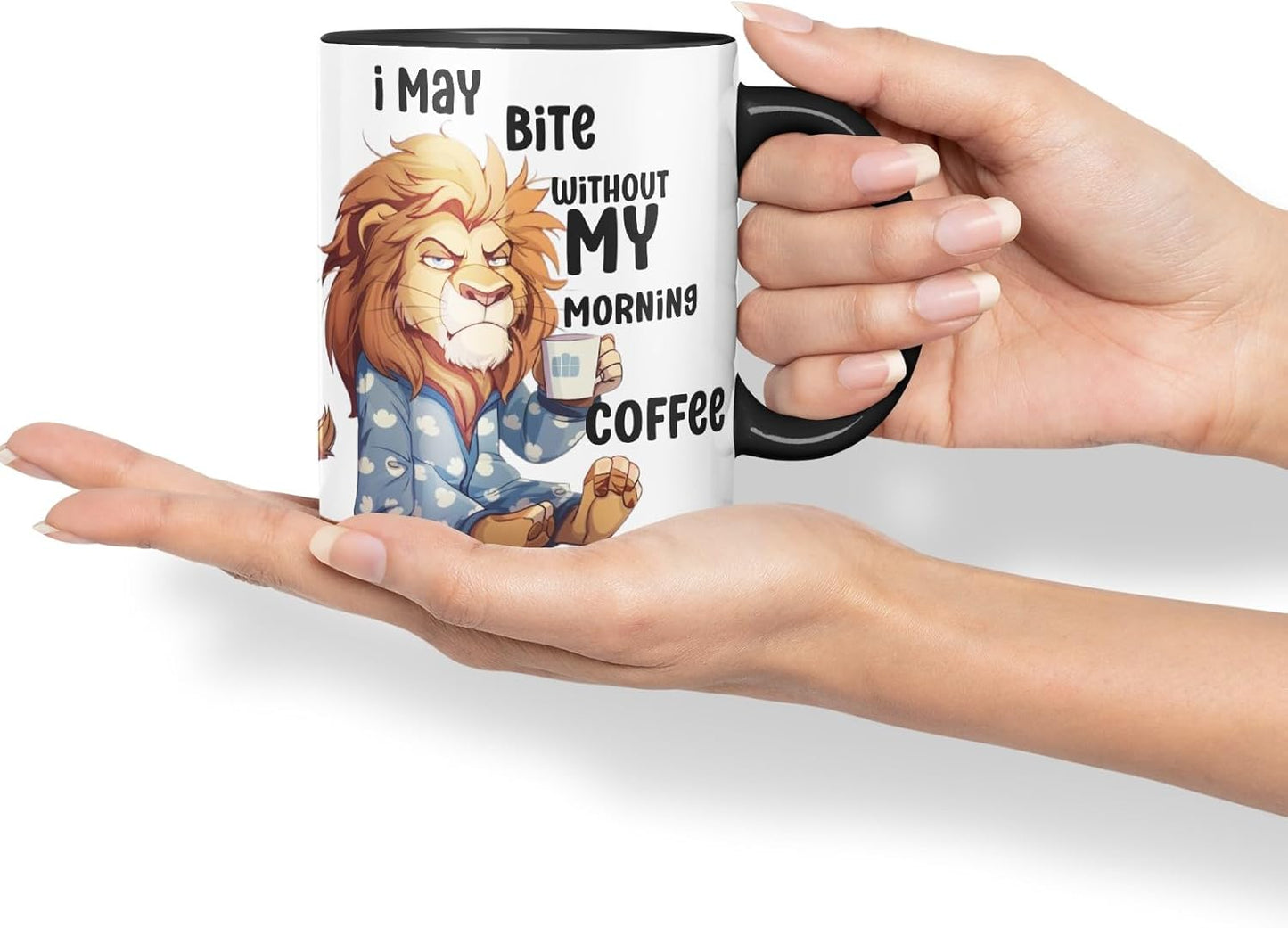 Vixar I May Bite Without My Morning Coffee Sarcastic Lion Coloured Ceramic Mug Cup Gift 11oz (Black)