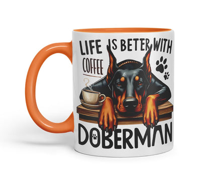 Vixar Life is Better with Coffee Doberman Dog Mug – Coloured Ceramic Mug Cup Gift, 11oz (Black)