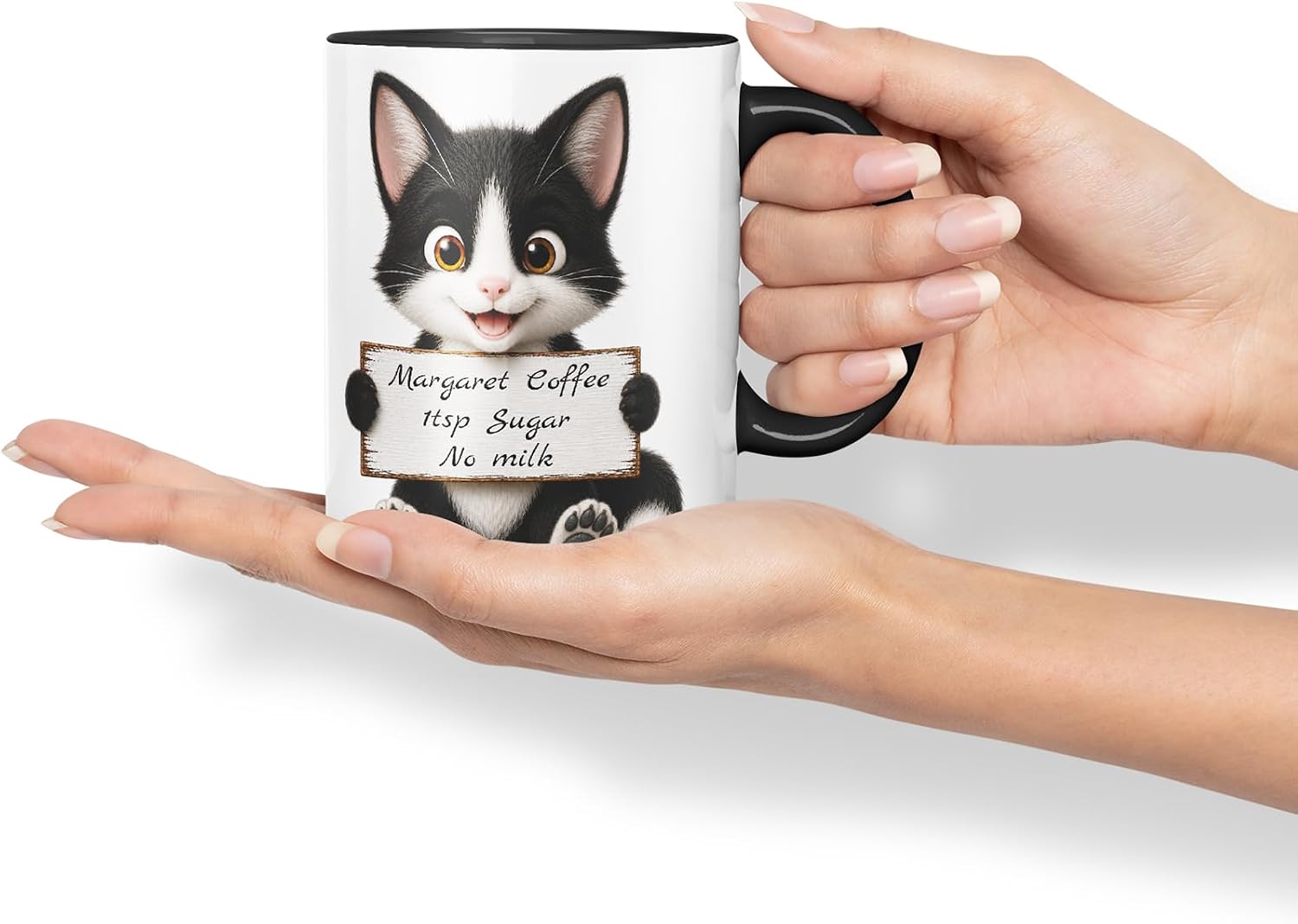 Vixar Personalised Black and White Cat Mug with Name or Custom Message – Cute Animal Coloured Ceramic Mug Cup Gift, 11oz (Black)