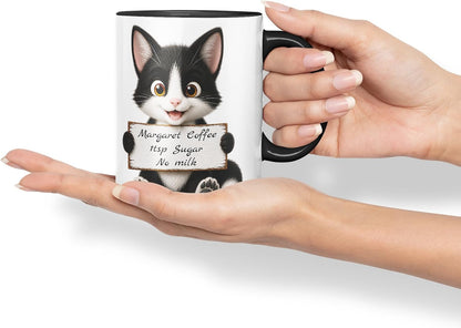Vixar Personalised Black and White Cat Mug with Name or Custom Message – Cute Animal Coloured Ceramic Mug Cup Gift, 11oz (Black)