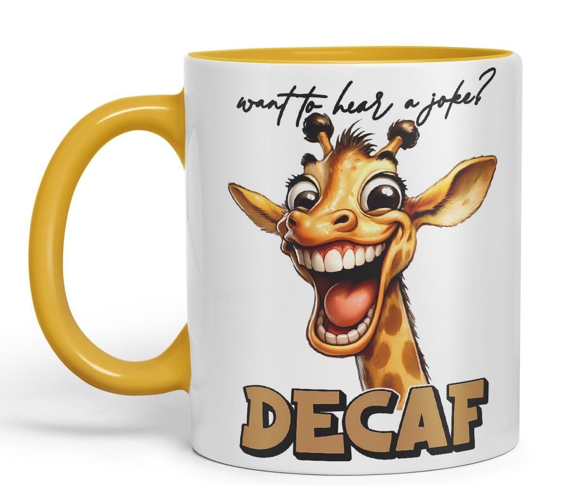 Vixar Want to Hear a Joke? Decaf Sarcastic Giraffe Mug, Coloured Ceramic Cup 11oz (Black)
