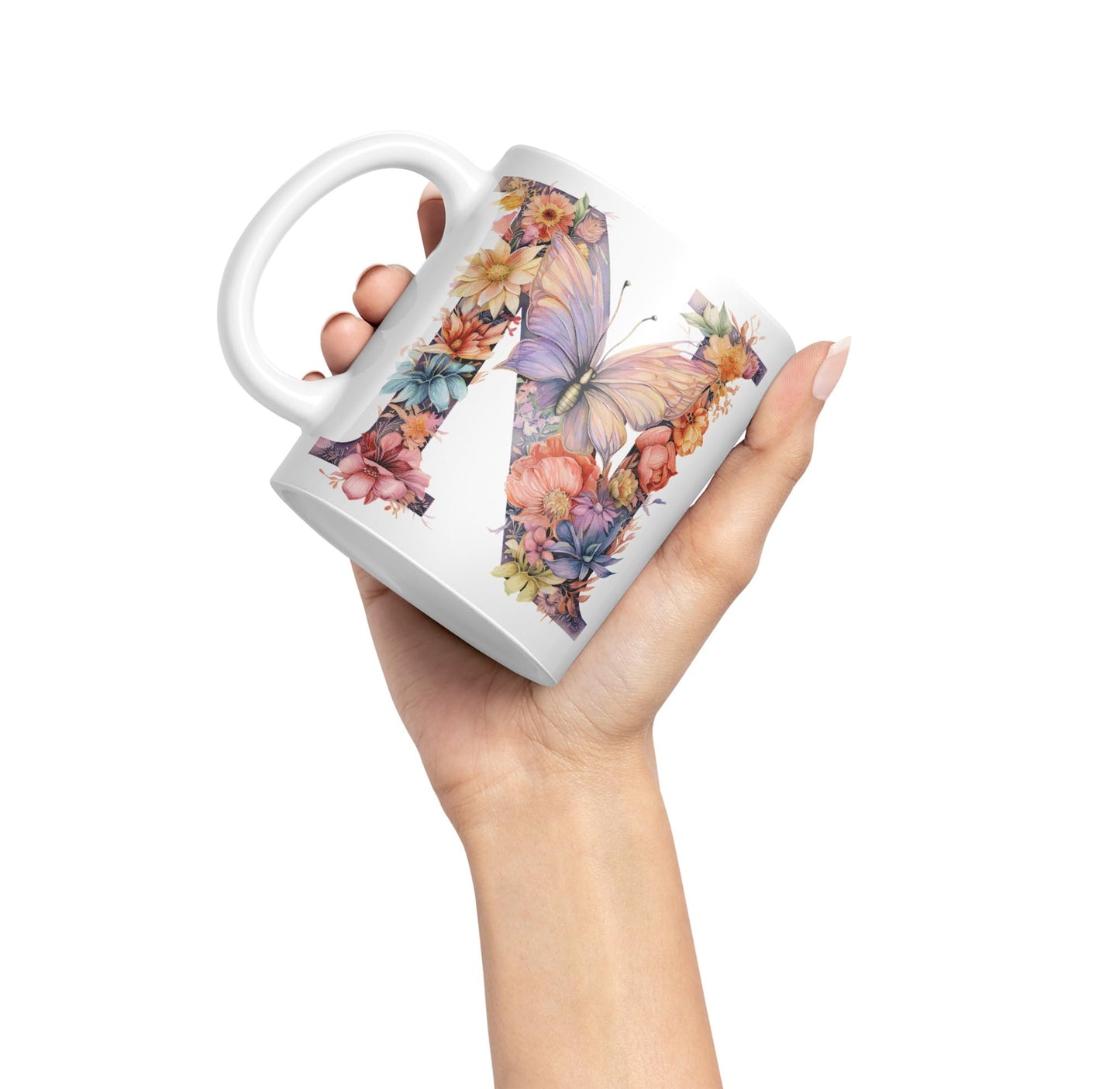 Letter N mug, Floral flowers butterfly Alphabet Letter N Monogram watercolour Ceramic Coloured Mug Cup for Tea Coffee Hot brew 330ml 11Oz Gift