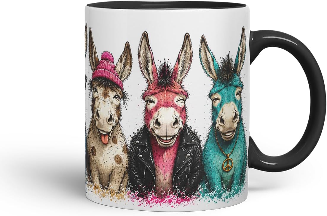 Vixar Funny Donkey Mug – Cute Donkey Animal Coloured Ceramic Mug Cup Gift, 11oz (Black)