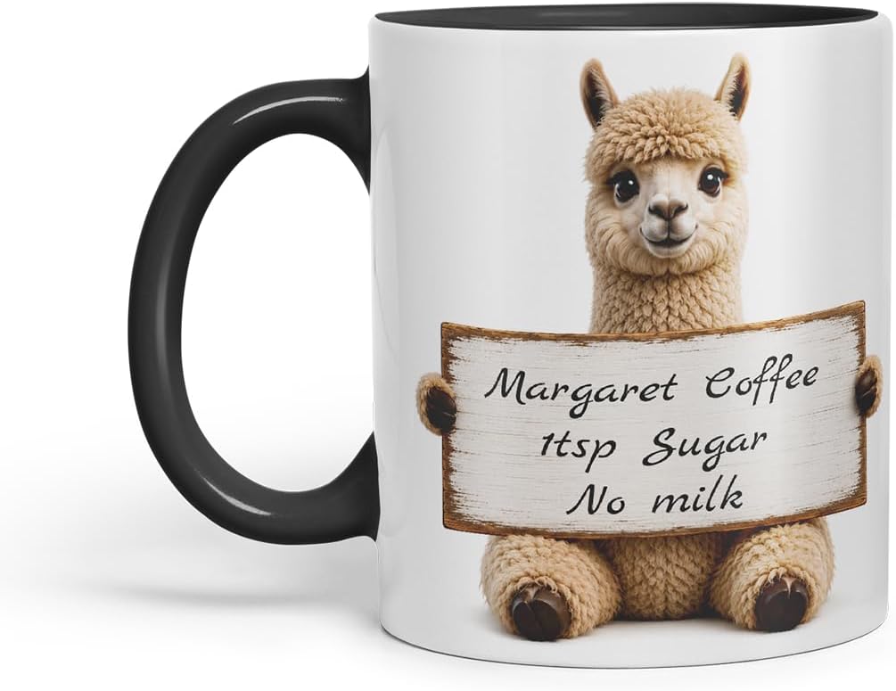 Vixar Personalised Alpaca Mug with Name or Custom Message – Cute Animal Coloured Ceramic Mug Cup Gift, 11oz (Black)