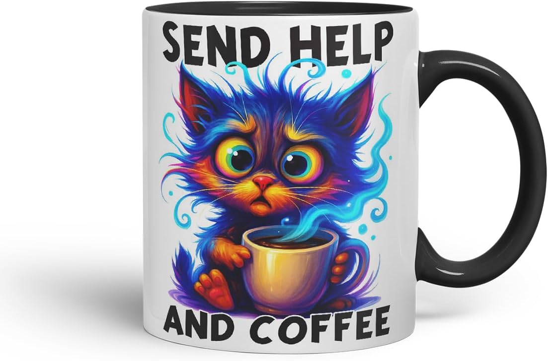 Vixar Send Help and Coffee Funny Cat Coffee Mug – Coloured Ceramic Mug Cup Gift, 11oz (Black)