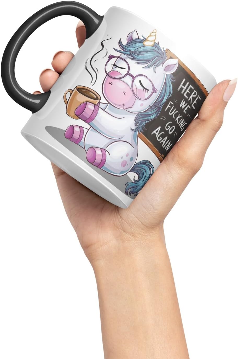 Vixar Here We F*cking Go Again – Coloured Ceramic Mug Cup Gift, 11oz (Black)