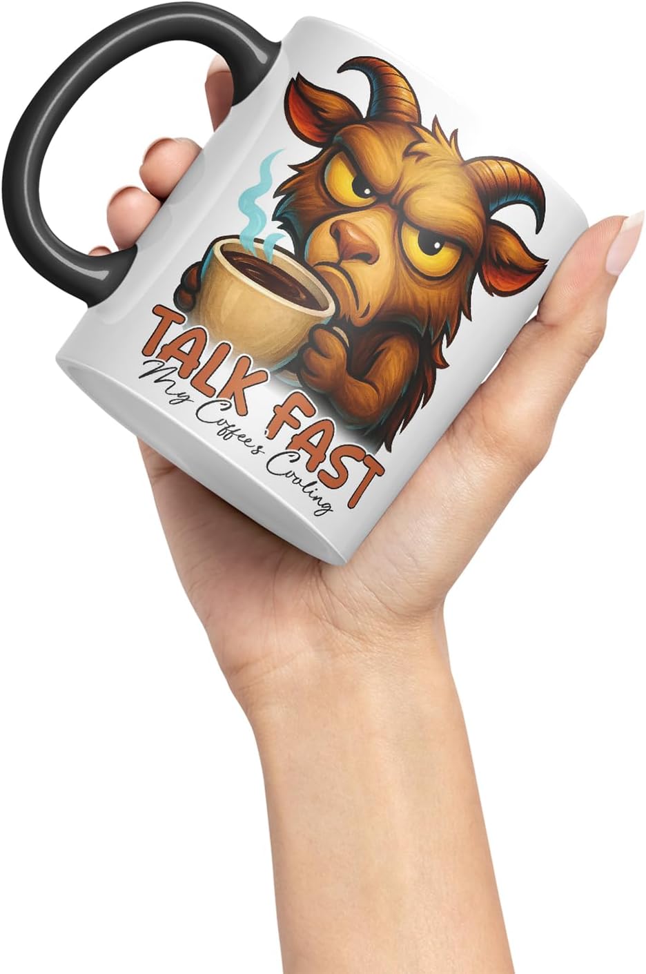 Vixar Talk Fast My Coffee's Cooling Funny Goat Coffee Mug – Coloured Ceramic Mug Cup Gift, 11oz (Black)