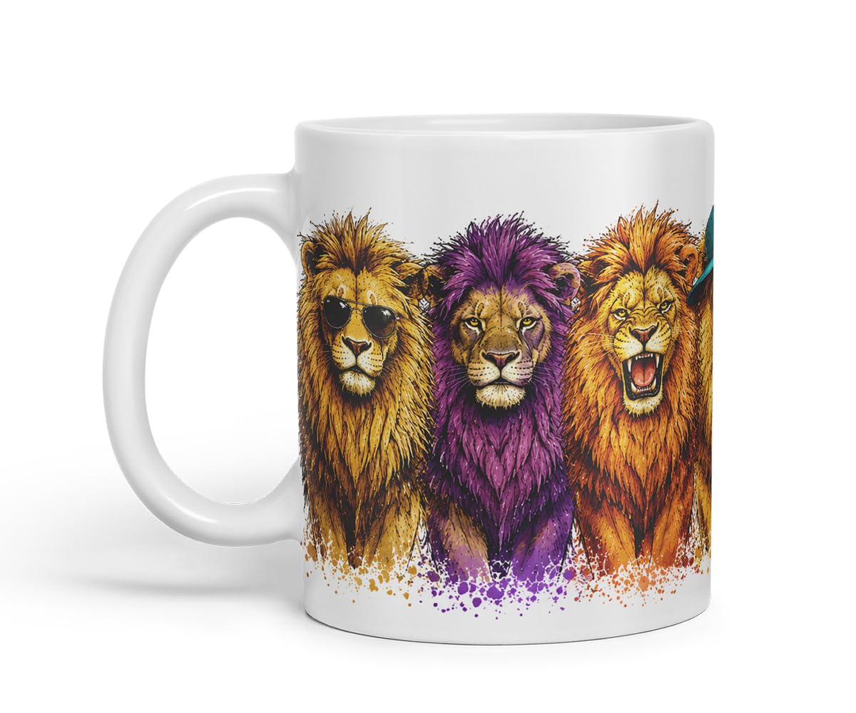 Lion Mug – Cute Lion Animal Coloured Ceramic Mug Cup Gift, 11oz (Black)