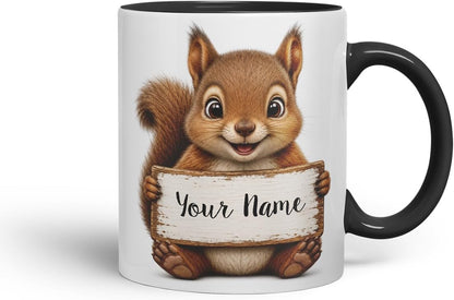 Vixar Personalised Squirrel Mug with Name or Custom Message – Cute Animal Coloured Ceramic Mug Cup Gift, 11oz (Black)