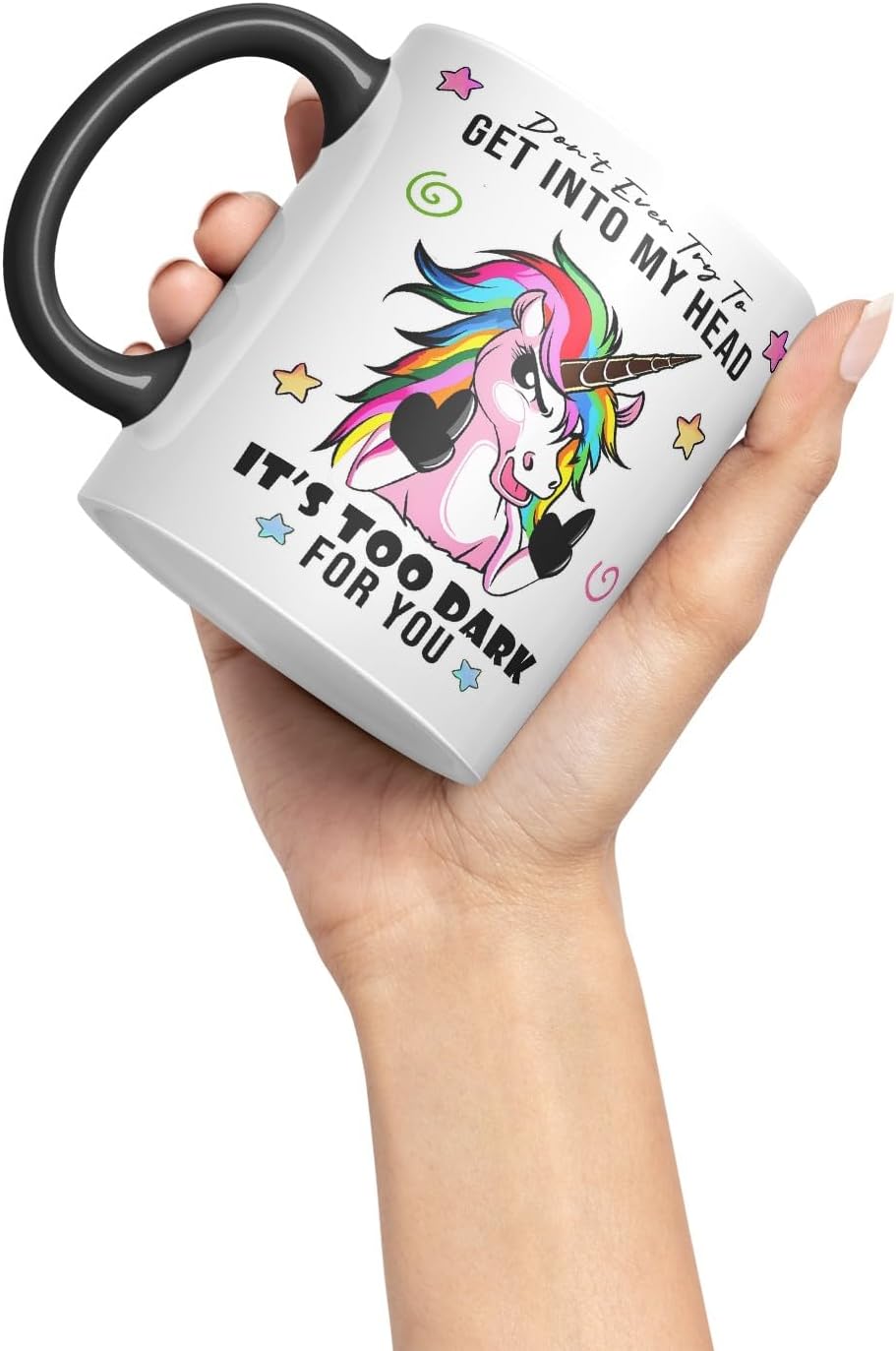 Vixar Don’t Ever Try to Get Into My Head – Funny Unicorn Coloured Mug Cup 11oz (Black)