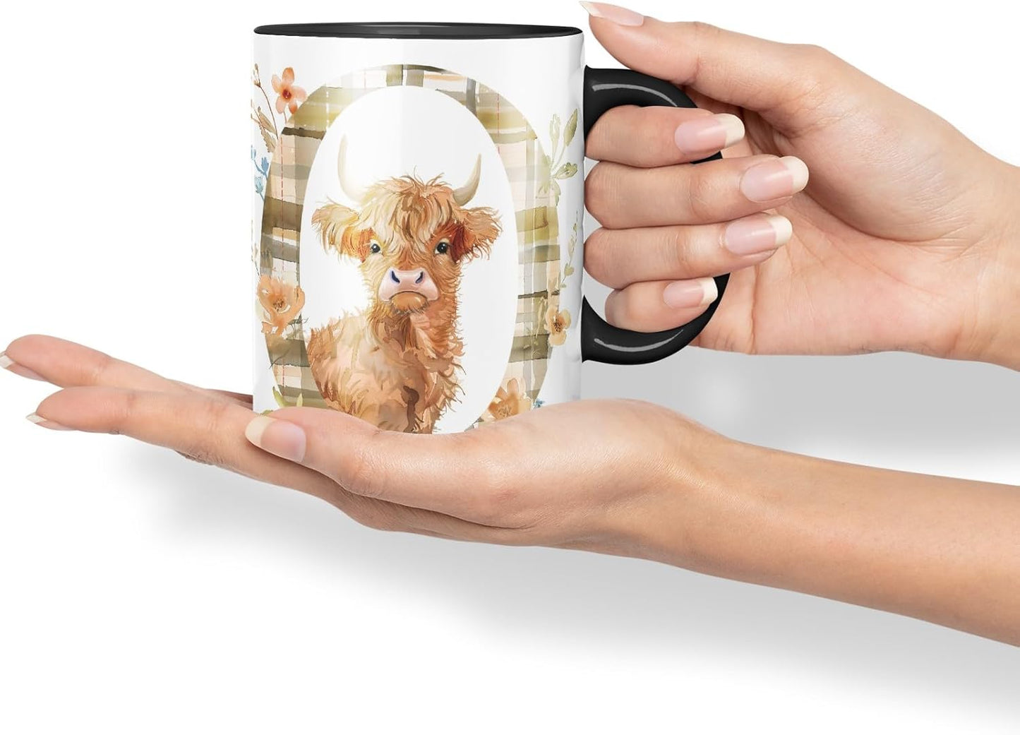 Vixar Highland Cow Alphabet Monogram Coloured Ceramic Cup Mug – Letter O – Rustic Farmhouse Animal Letter Gift – 11oz (Black)